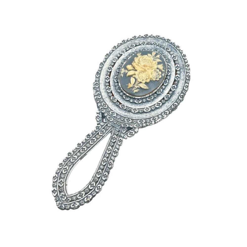 Vintage Florenza Small Hand Mirror Dusty Blue Enamel with Floral Resin Cameo